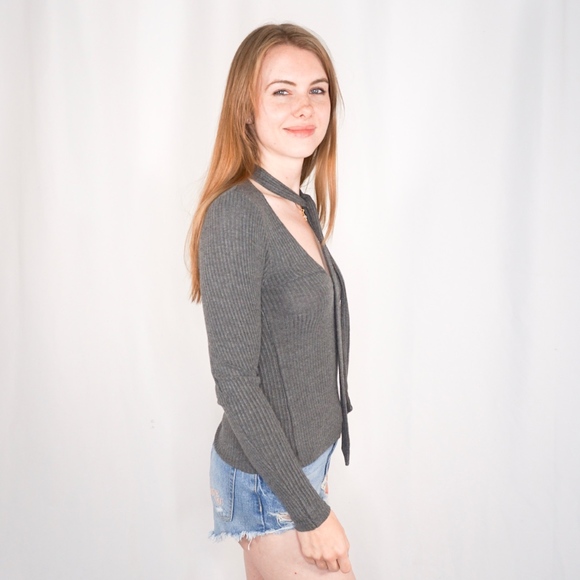 BRANDY MELVILLE Rib Gray Plunge Neck Tie Top NWT - Picture 3 of 8